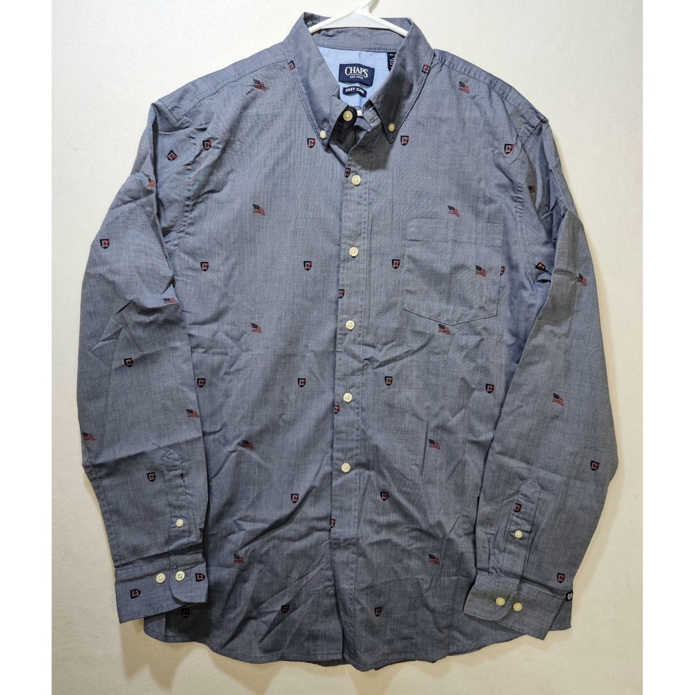 Chaps Men's Easy Care Oxford Button Down Shirt, Blue w/US Flags, Sz XL, EXC COND